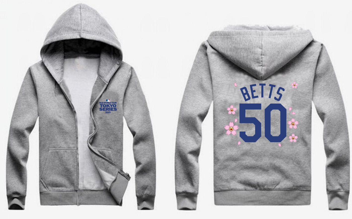 Men Los Angeles Dodgers 50 Betts Grey Zipper hoodie 2025 MLB Jersey style 1